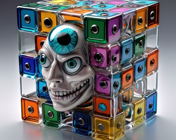 Surreal Transparent Cube with Colorful Blocks and Skull