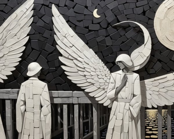 Artwork of Three Winged Figures Under Moonlight