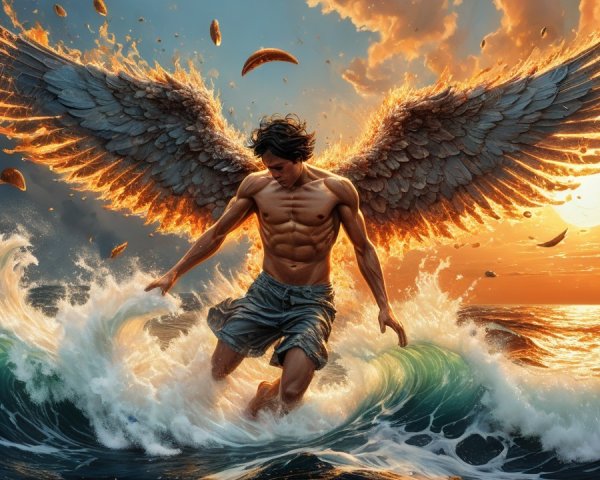 Muscular Figure with Fiery Wings Amidst Turbulent Waves