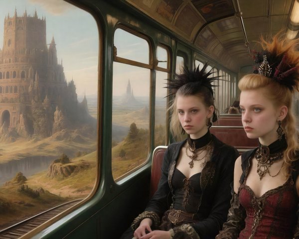 Young women in gothic attire riding a train past a castle