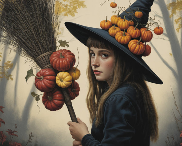 Young witch in autumn forest with decorated hat