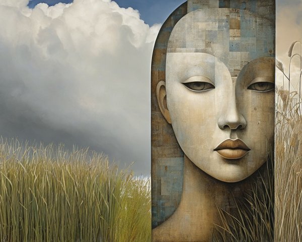 Stylized Serene Face Amidst Golden Grasses and Clouds