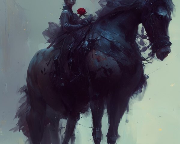 Mysterious Figure on Black Horse with Red Rose