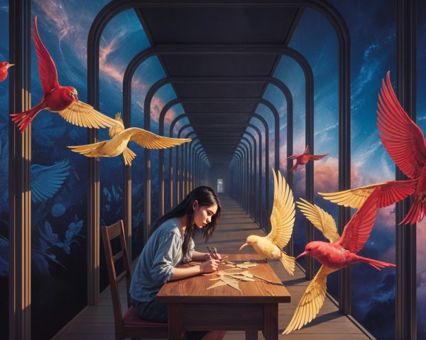 Woman crafting paper cutouts in surreal corridor setting