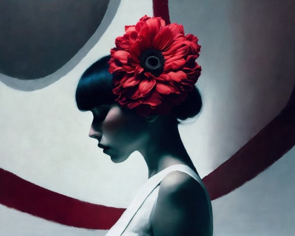 Side Profile of Woman with Black Hair and Red Flower