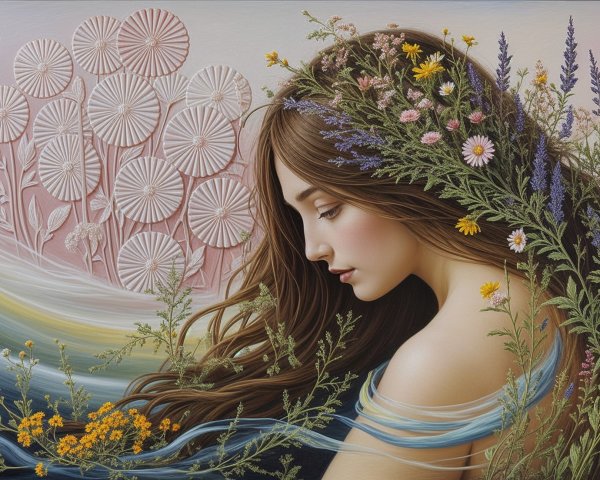 Woman with Flowing Hair and Vibrant Wildflowers