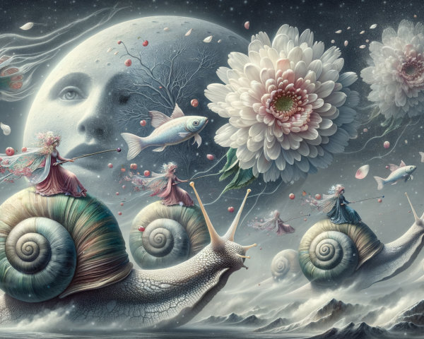 Ethereal Figures Riding Giant Snails in Surreal Landscape