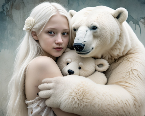 Young girl with polar bears in serene setting