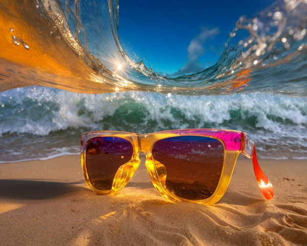 Vibrant Sunglasses on Sandy Beach with Ocean Waves