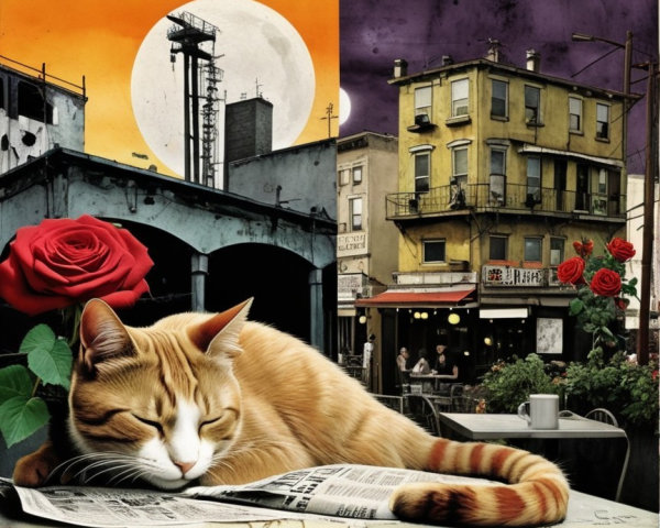 Sleeping Orange Tabby Cat on Newspaper in City Scene