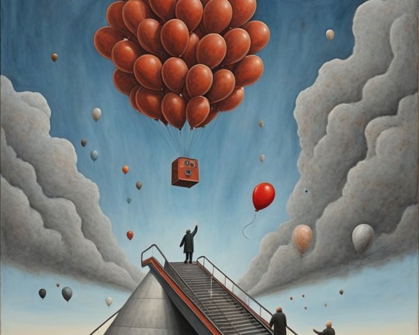 Surreal Landscape with Pyramid Staircase and Moons