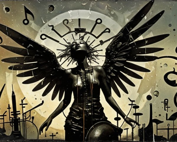 Silhouette of a Winged Figure with Musical Elements