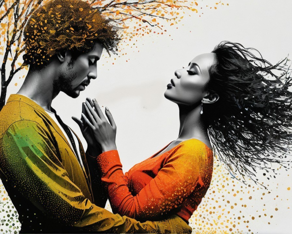 Couple in Intimate Pose with Abstract Color Background