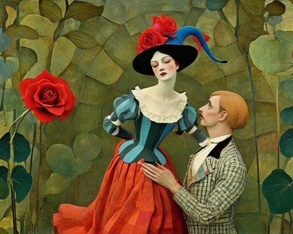 Stylized portrait of a woman in vibrant dress and hat