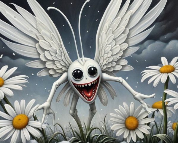 Whimsical Creature in a Daisy Field Under Clouds