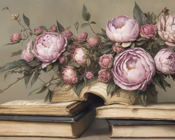 Soft Pink Peonies on Vintage Books Composition