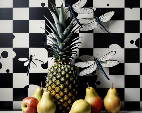 Pineapple Surrounded by Apples and Pears on Striped Surface