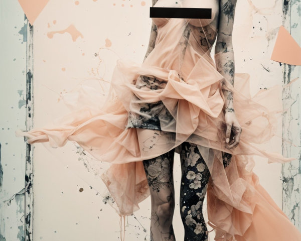 Figure in Peach Tulle Dress with Intricate Tattoos