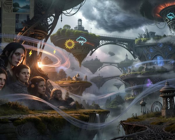 Fantastical World of Floating Islands and Women Gazing