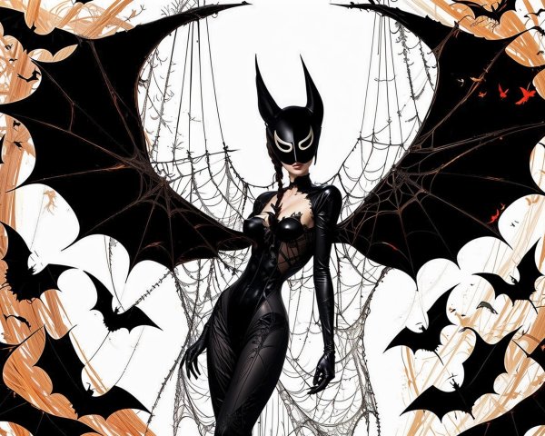 Black Bodysuit with Bat Design and Dramatic Background