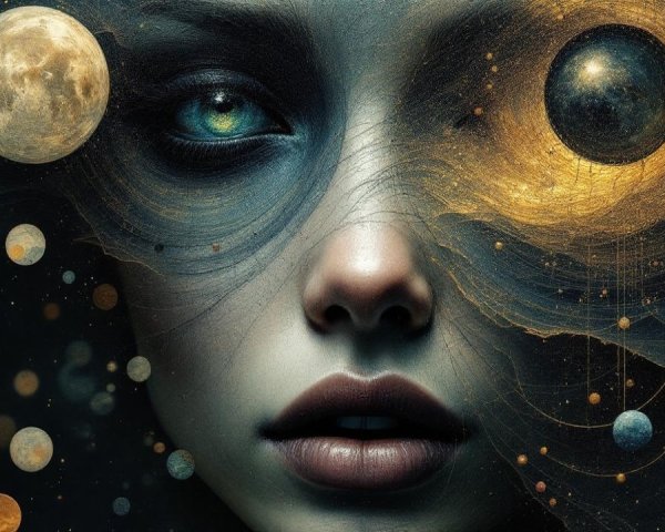 Surreal Woman's Face Merged with Cosmic Elements