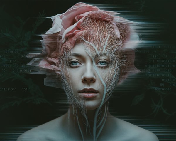 Serene Woman with Floral Headpiece and Digital Elements