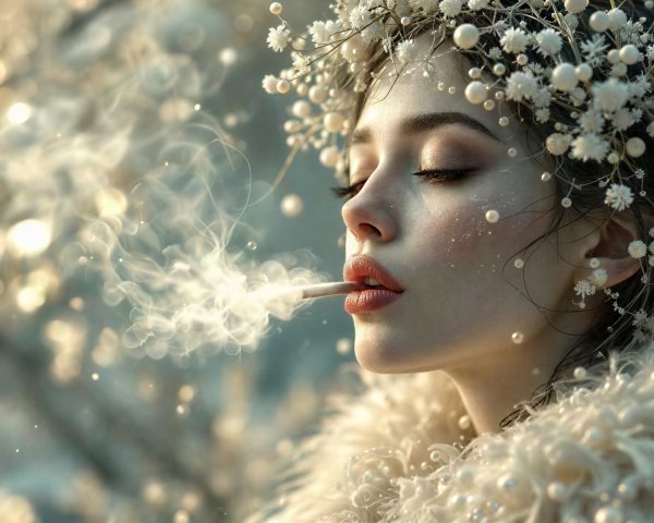 Close-Up of Young Woman Exhaling Smoke with Floral Headpiece