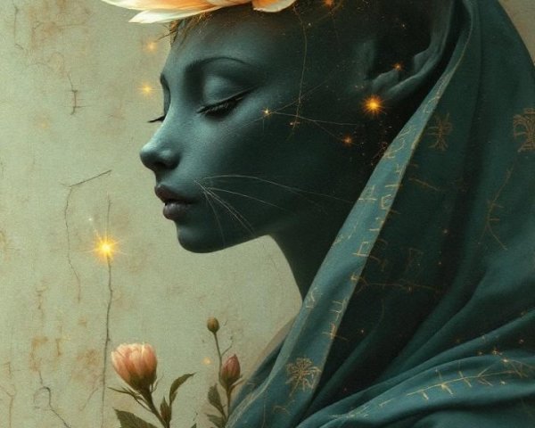 Serene Figure with Feline Features in Blue Robe