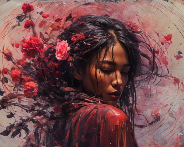 Woman with Black Hair Surrounded by Red Flowers