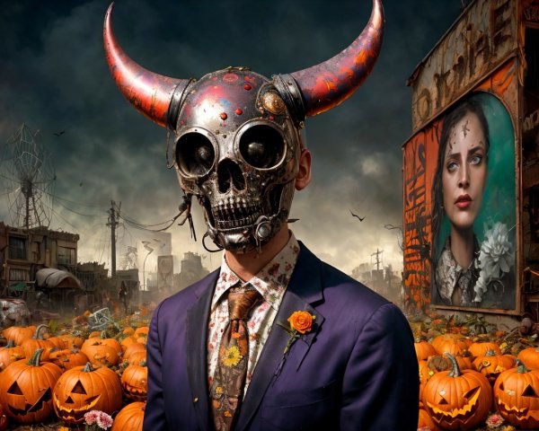 Apocalyptic Scene with Skull Mask and Pumpkins