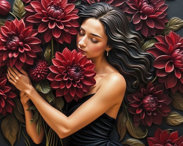 Textured Artwork of Woman Among Red Dahlias