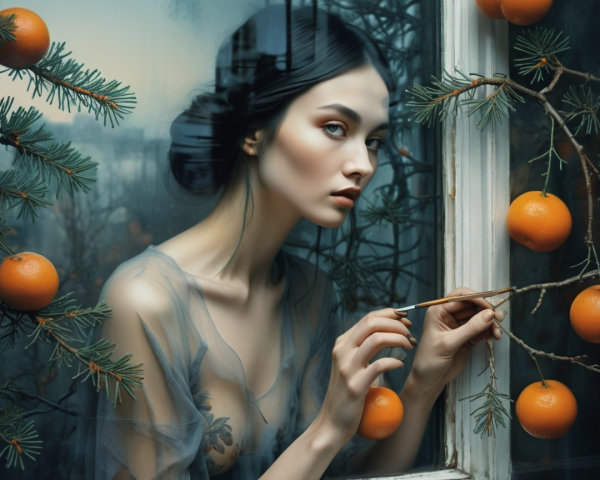 Portrait of a woman gazing through a window with fruits