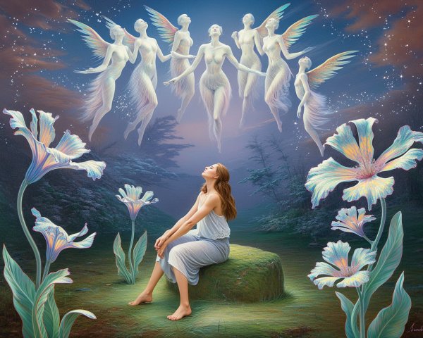 Young Woman in Enchanted Forest with Ethereal Dancers