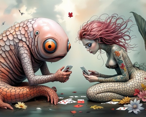 Underwater Scene of Mermaid and Fish Creature with Phones