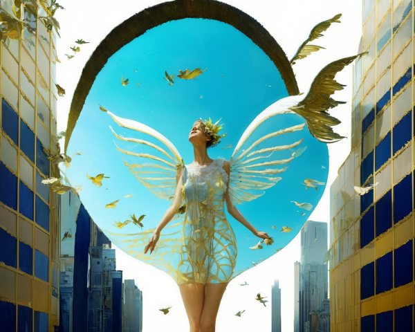 Woman with Wings in Urban Fantasy Scene