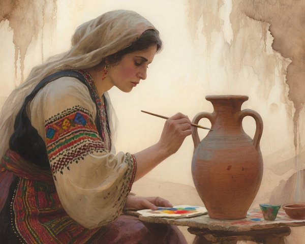 Woman Decorating Clay Pot with Painter's Palette