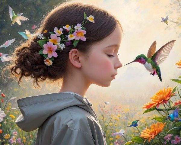 Young girl in a vibrant garden with flowers and butterflies