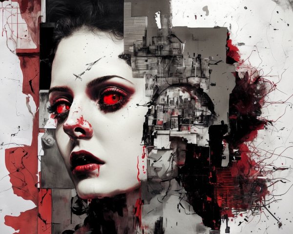 Haunting Artwork of Woman with Red Eyes and Accents