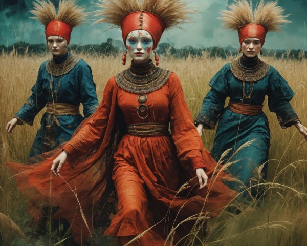 Women in Traditional Attire in Golden Field