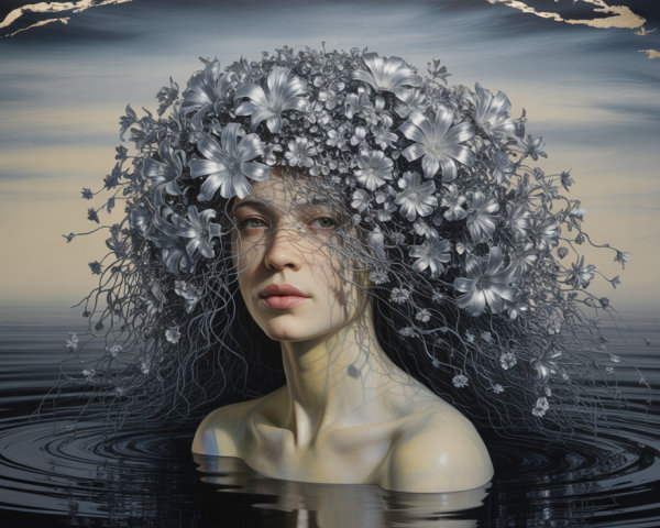 Portrait of a woman in calm waters with floral crown