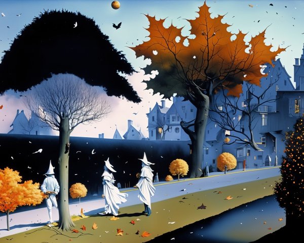 Surreal Autumn Landscape with Cloaked Figures and Trees