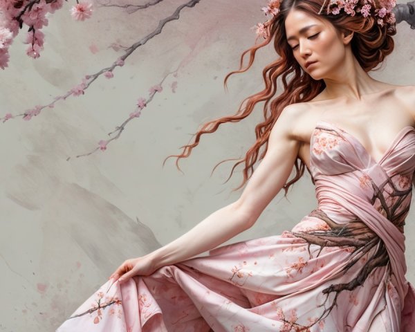 Elegant pink gown with cherry blossom motifs in watercolor