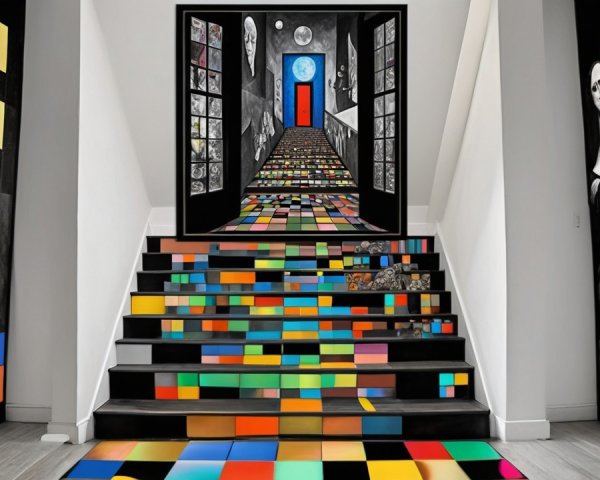 Vibrant Interior with Colorful Tiled Staircase and Art