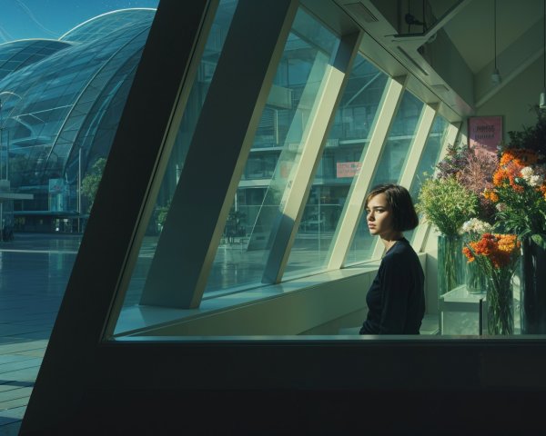 Woman by Window with Geometric Architecture and Flowers