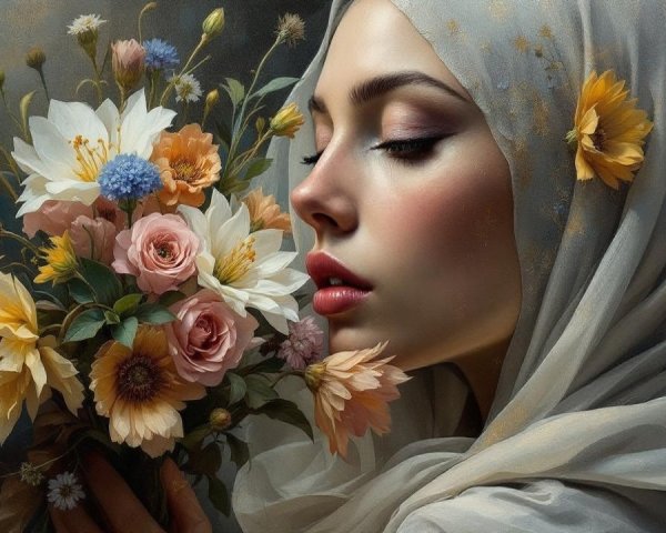 Portrait of a woman with floral scarf and bouquet