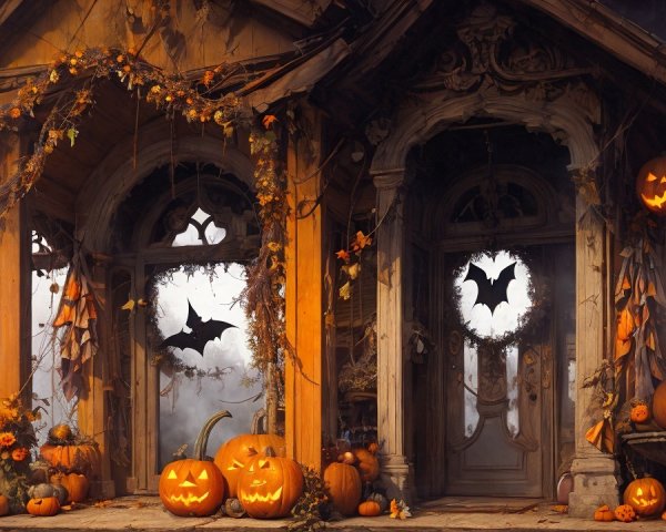Haunted House Decorated for Halloween with Autumn Leaves