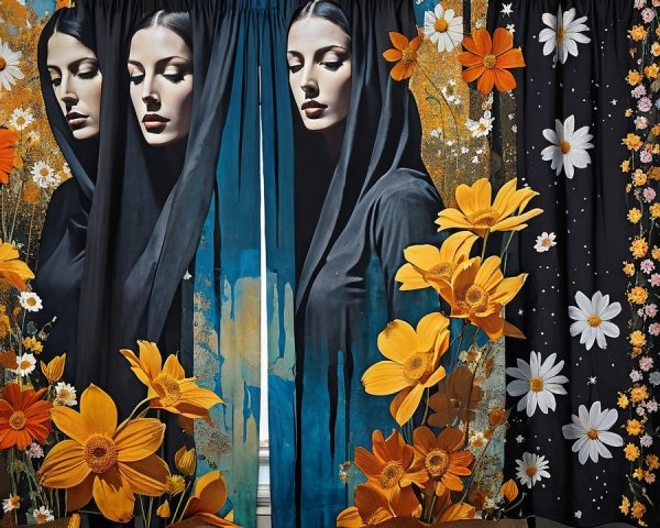 Mural of Three Women in Hooded Garments with Flowers