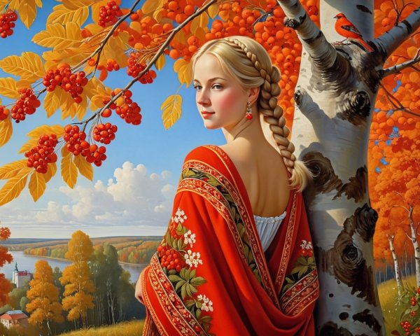 Young Woman in Red Shawl Amid Autumn Foliage