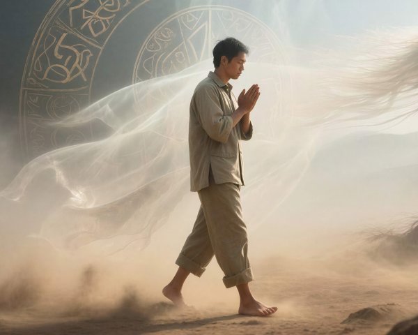 Barefoot Man in Prayer in Desert Landscape with Pillar