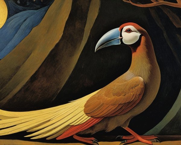 Stylized Bird in Night Landscape with Glowing Moon